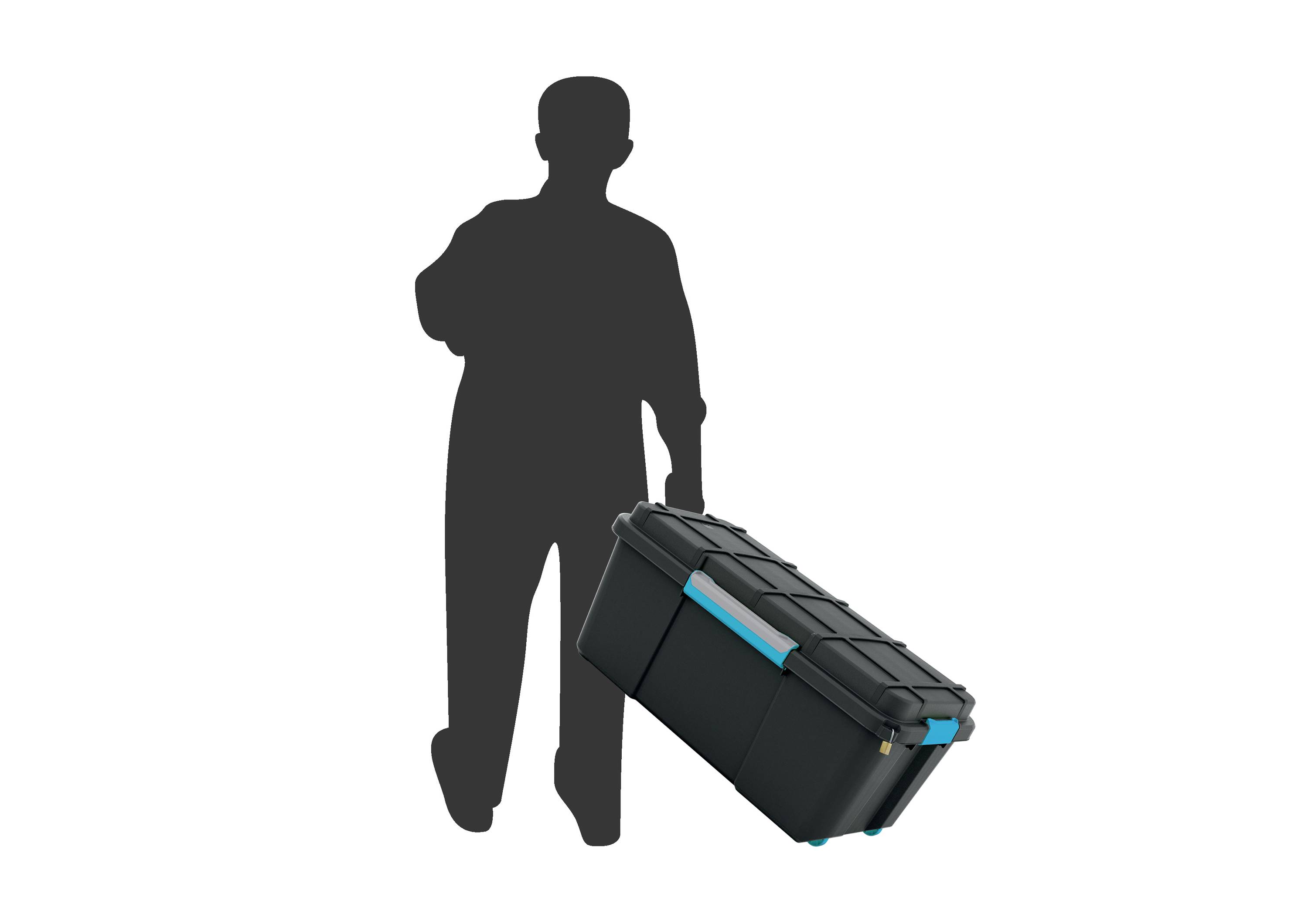 Human silhouette holding a black toolbox with blue accents.