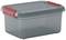 Grey plastic storage box with red lid, stackable, for storing items.