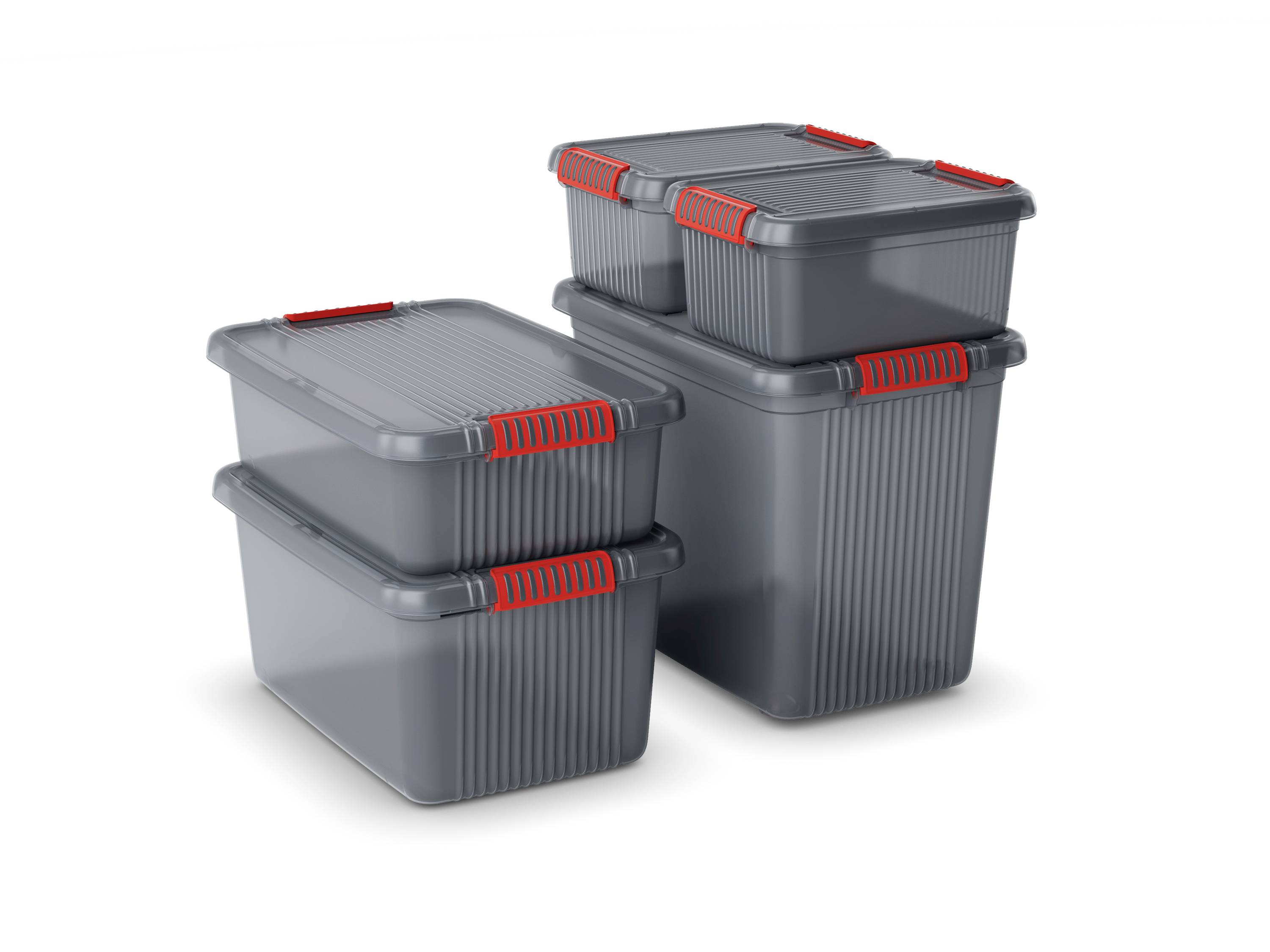 Four grey plastic storage boxes with red handles, stacked in two piles. Suitable for storage or transportation.