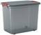 Grey plastic storage box with lid, red clips, and ribbed design, suitable for storage.