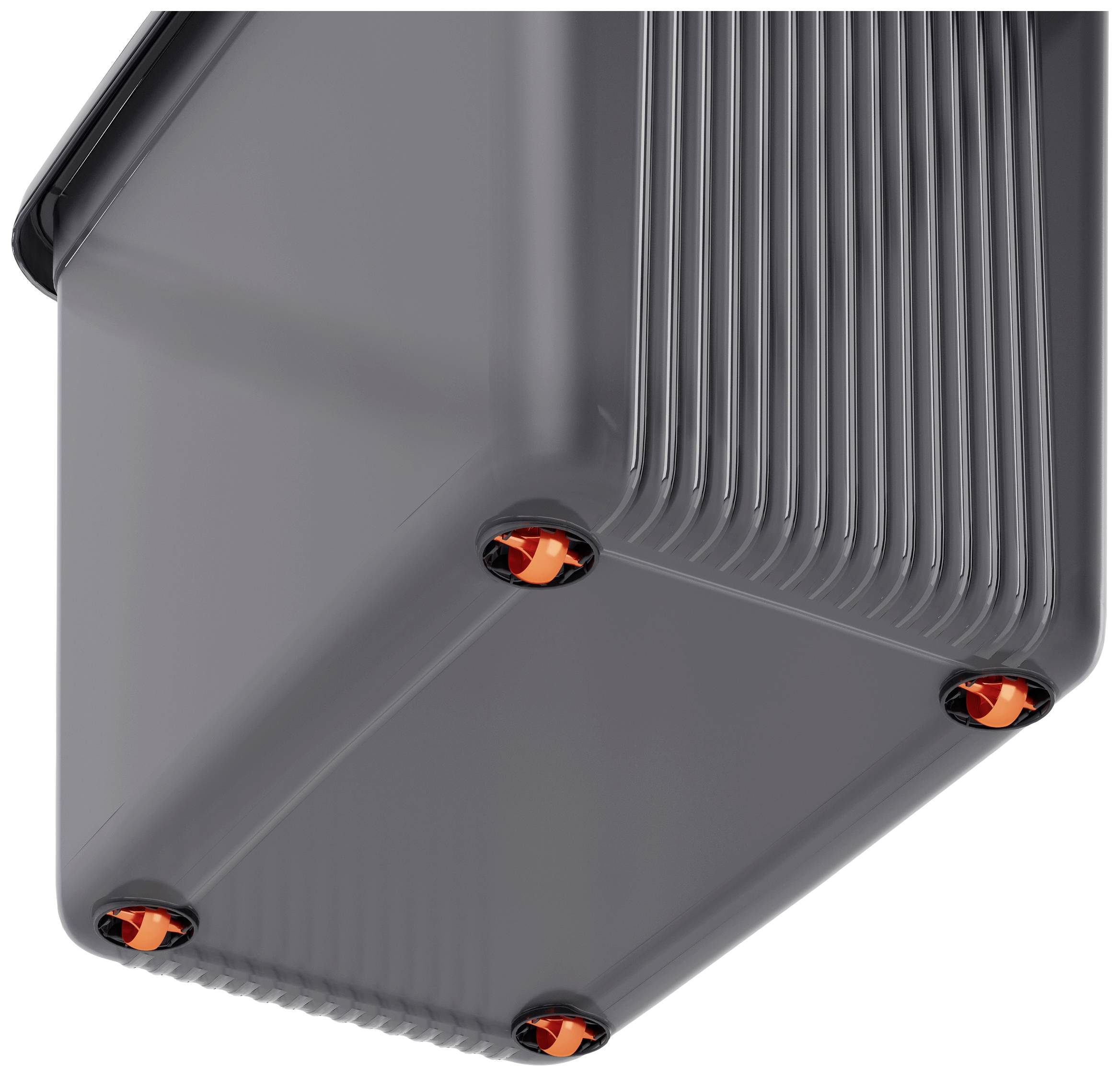 Underside of a grey, textured metal surface with five orange screws at the corners.