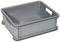 Grey plastic box with side handles, suitable for storage or transportation.