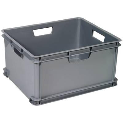 Grey plastic crate with a rectangular shape and handles on the sides, suitable for transporting or storing items.