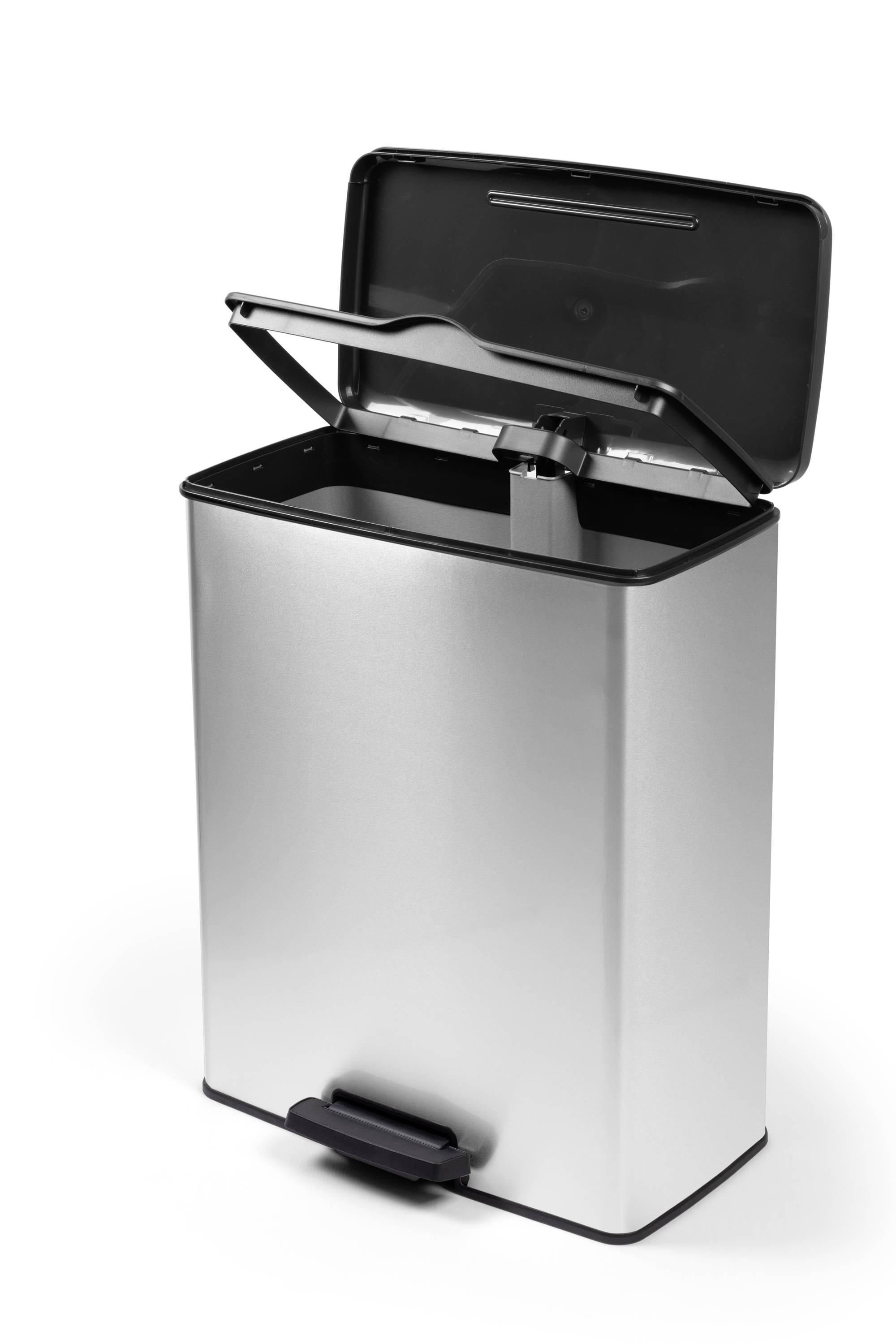 A rectangular, silver pedal bin with an open lid.