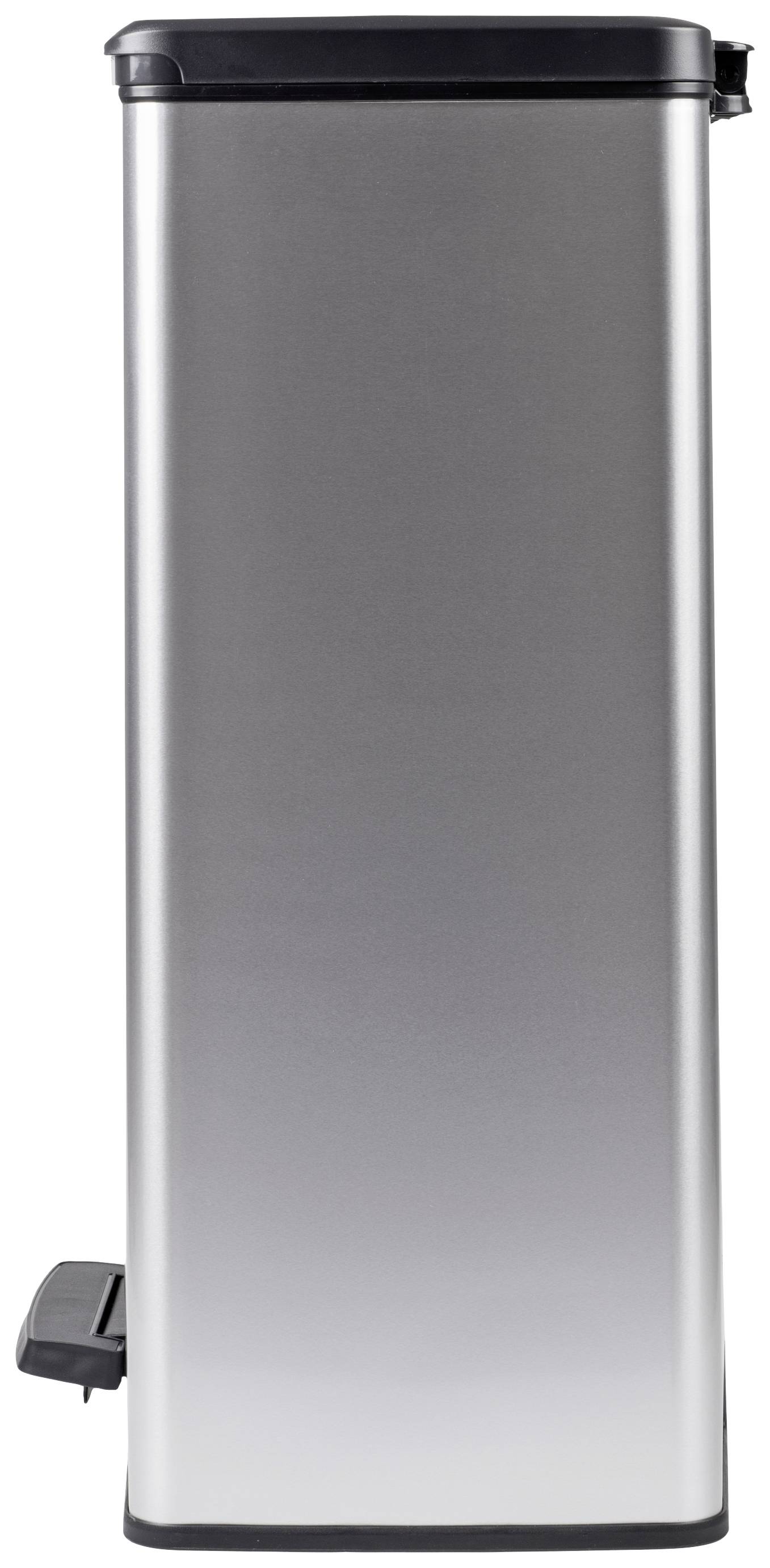Metallic, rectangular rubbish bin with a black lid and a pedal on the bottom left.