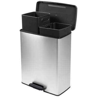 Stainless steel waste bin with three removable compartments, lid open. Suitable for waste sorting in the kitchen.