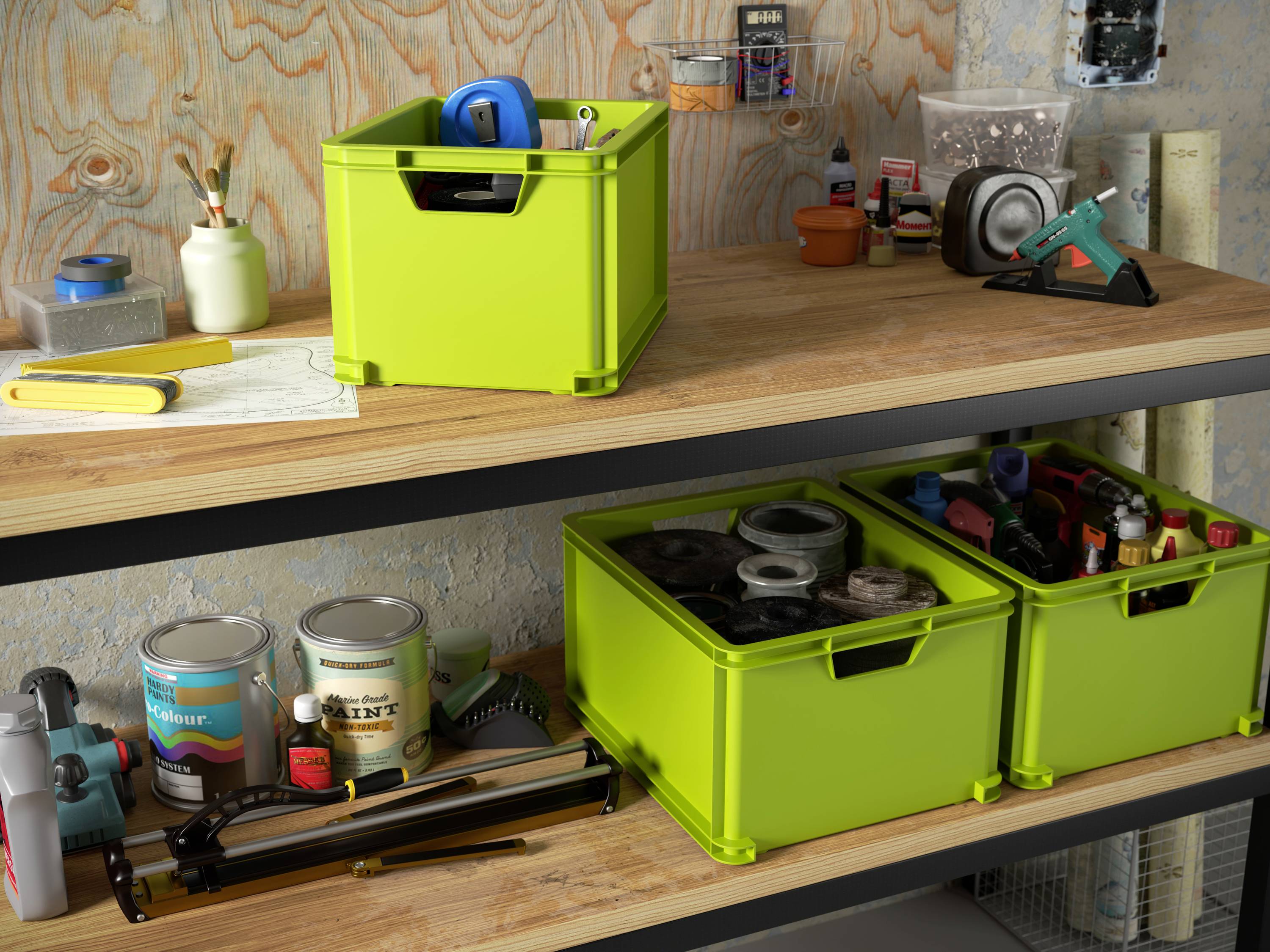 Two shelves with various tools and materials in a workshop. Contains green storage boxes, tins, a screwdriver, and adhesive tape.