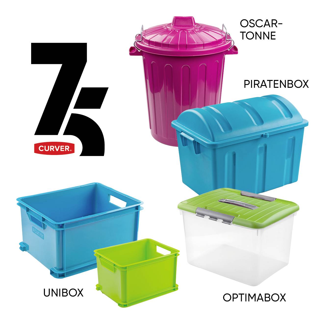 A collage shows four plastic boxes with lids in different colours, labelled as 'Oscar bin', 'Pirate box', 'Uni box', 'Optima box', with the Curver logo beside them.