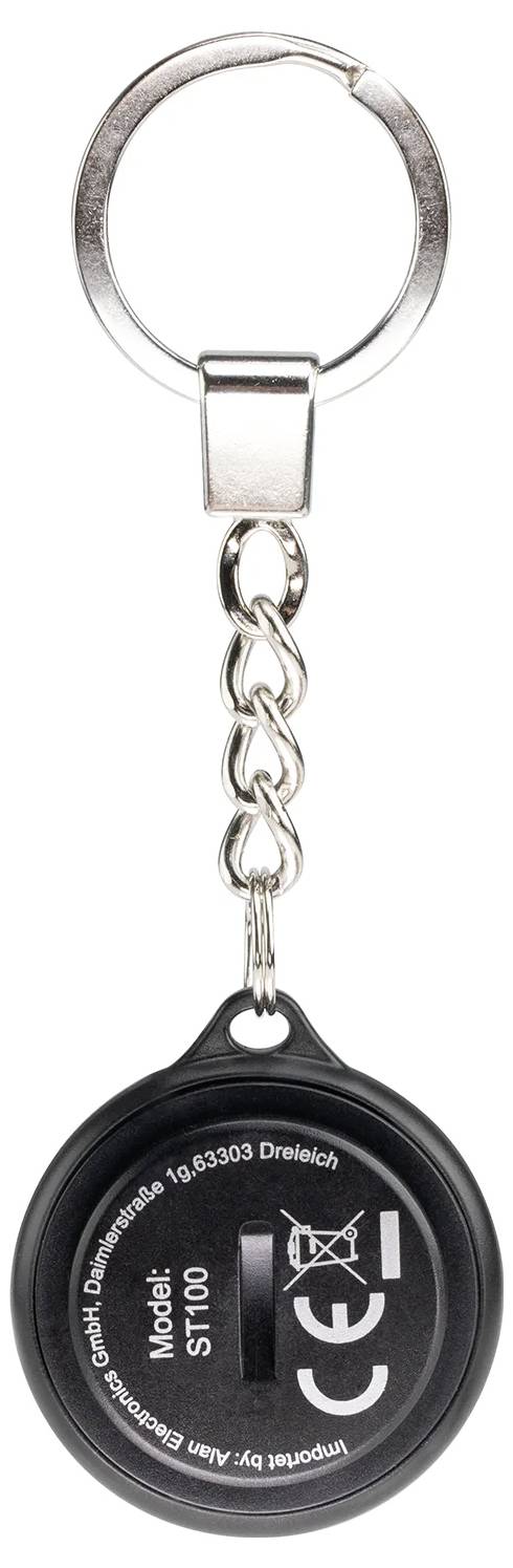 'Black key fob with model number ST100, CE marking and warning that batteries should not be disposed of in household waste.'