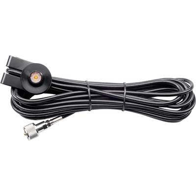 Black coaxial cable with a plug at one end and a clip with an orange detail at the other end, shown coiled up.