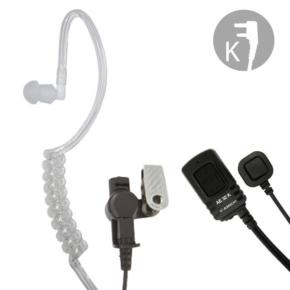 A transparent earpiece with cable and additional adapters in black for two-way radios, displayed against a white background.