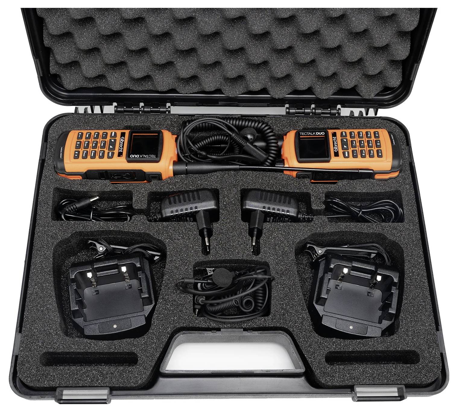 Two orange-coloured walkie-talkies with aerials in a black case, including chargers and accessories. Ideal for professional communication.