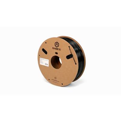 A reel of black 3D printer filament by Raise3D, packaged in a cardboard spool with a label and manufacturer's logo.