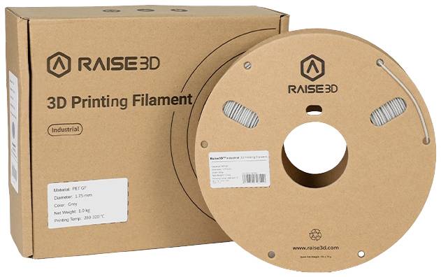 A cardboard packaging and a filament reel from the Raise3D brand for 3D printers. The filament is made of PET GF, with a diameter of 1.75 mm.