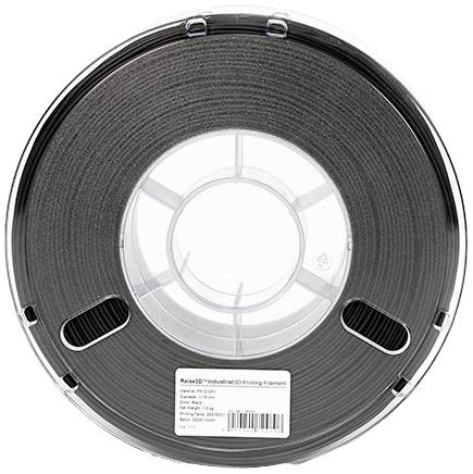 A reel of black 3D printer filament made of plastic, with a label displaying material specifications.