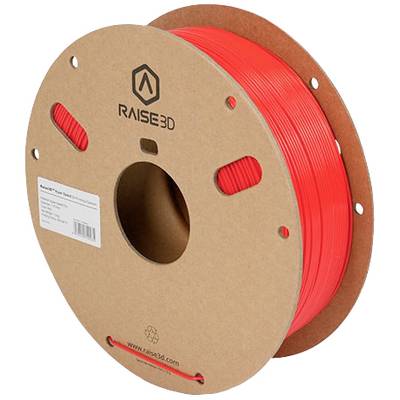 Roll of red 3D printer filament from Raise3D on a brown spool, displaying the brand and material used.