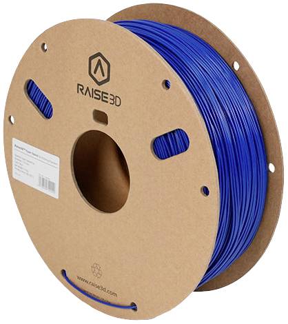A blue filament spool with 'RAISE3D' printed on it, suitable for 3D printers. The spool has a label with specifications.