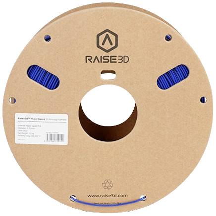 A spool of blue 3D printer filament from RAISE3D. Label shows material details: 'PLA', 1.75 mm diameter, 1 kg.