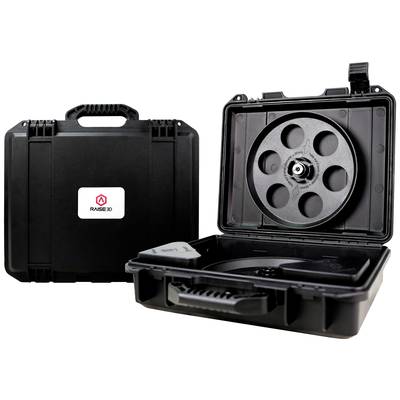 Black, open hard-shell case displays three flat material rolls with central spool. Next to it, a closed case.