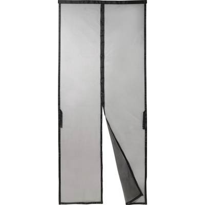 Mesh insect door curtain in black trim, partially open. Ideal for preventing insects when doors are left open.