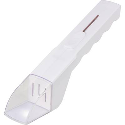 A white plastic ice scraper with a handle and transparent blade.