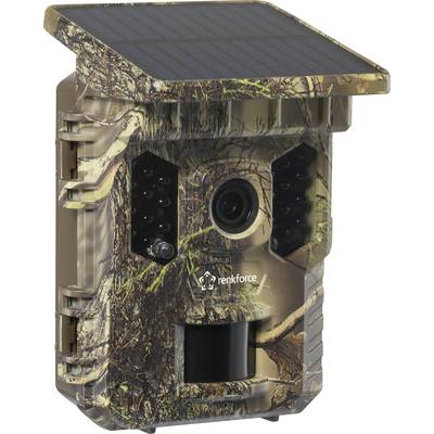 Camera with camouflage pattern and solar panel, suitable for outdoor use, equipped with infrared sensors for monitoring wildlife.
