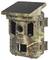Wildlife camera with solar panel and camouflage pattern for surveillance. Camera lens and infrared sensors visible. Suitable for animal observation.