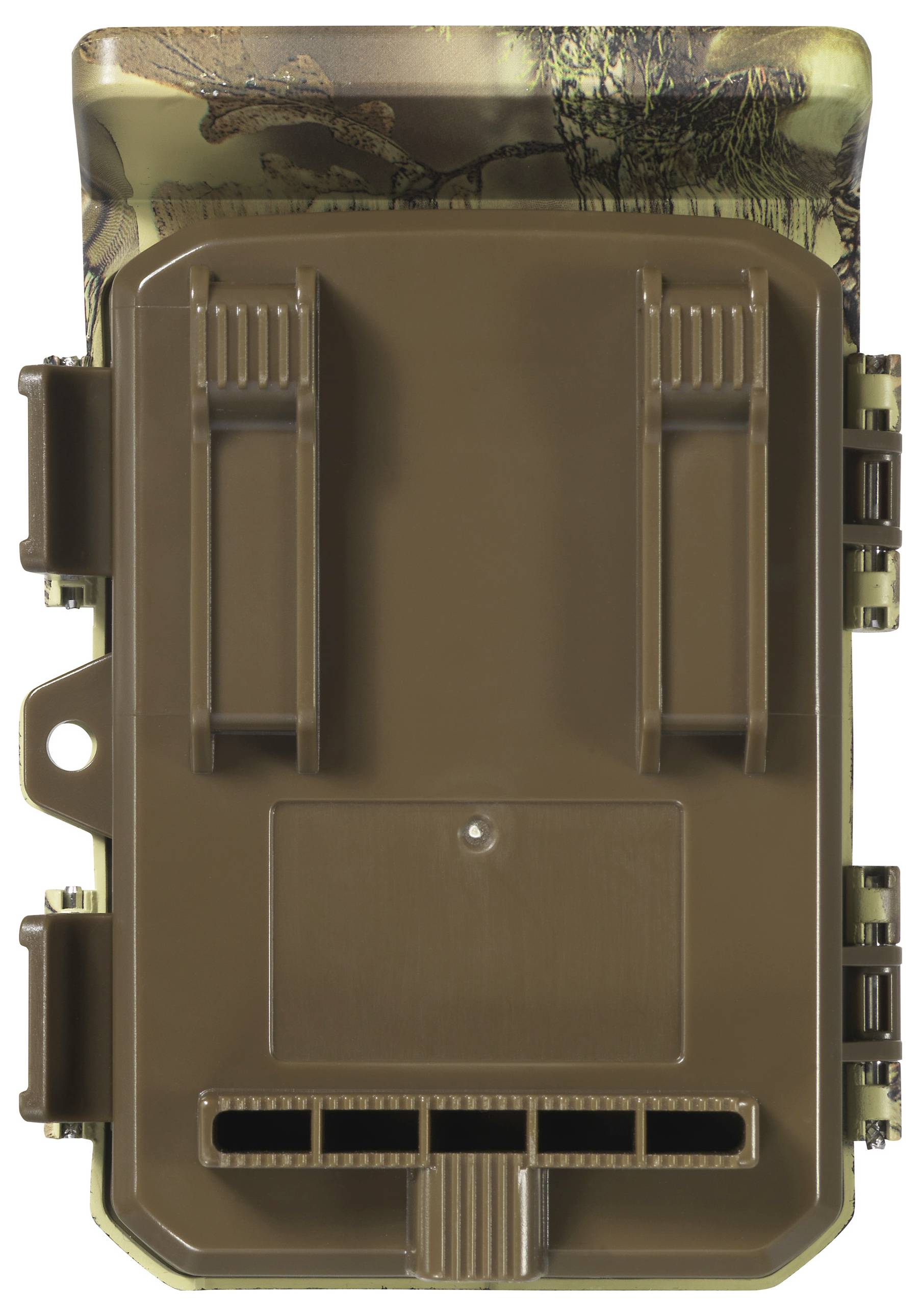 Brown, rectangular electronics box with mounting brackets and a textured camouflage pattern on the surface.
