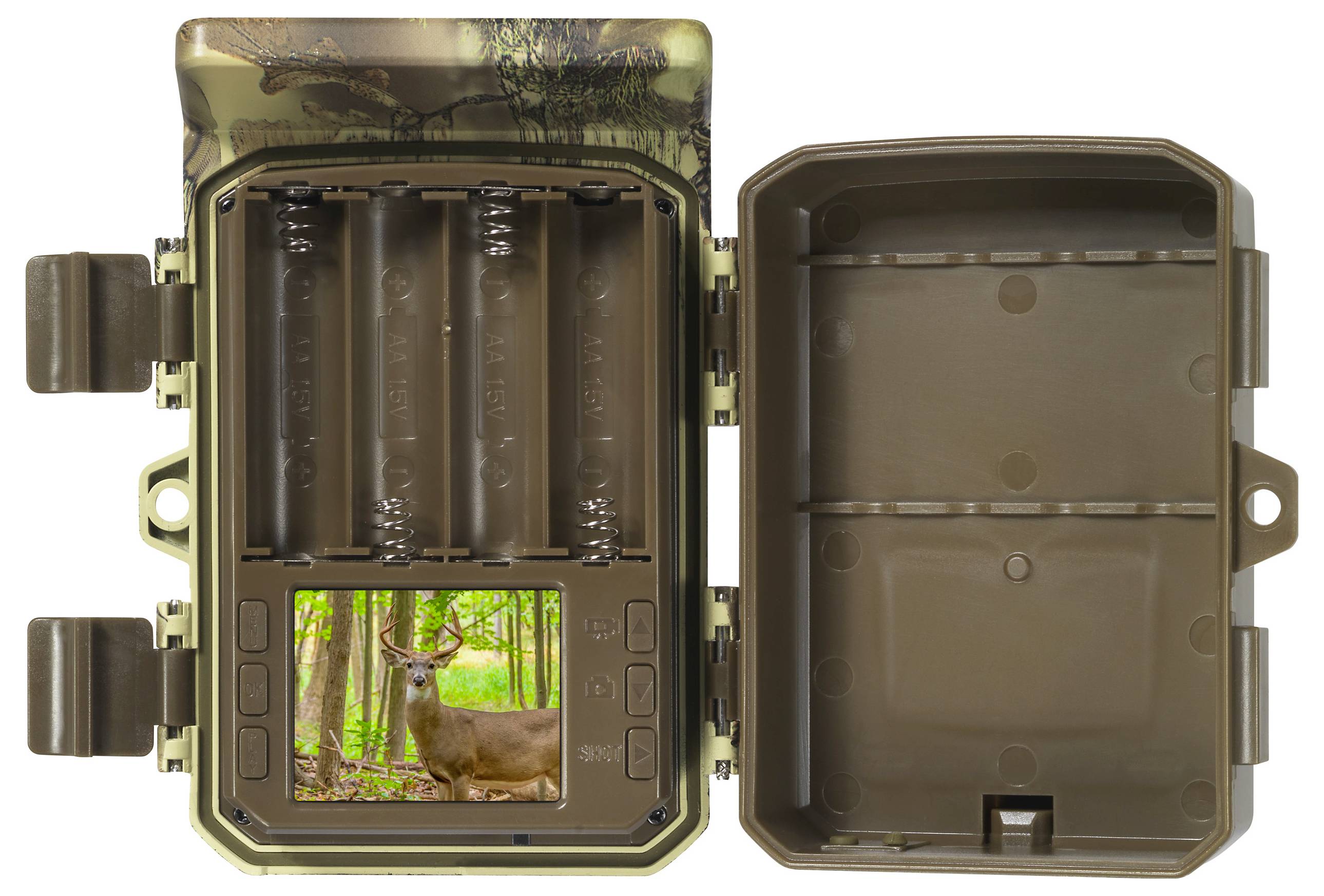 Open wildlife camera with a photo of a roe deer inside. The device shows the battery compartment on the left side.