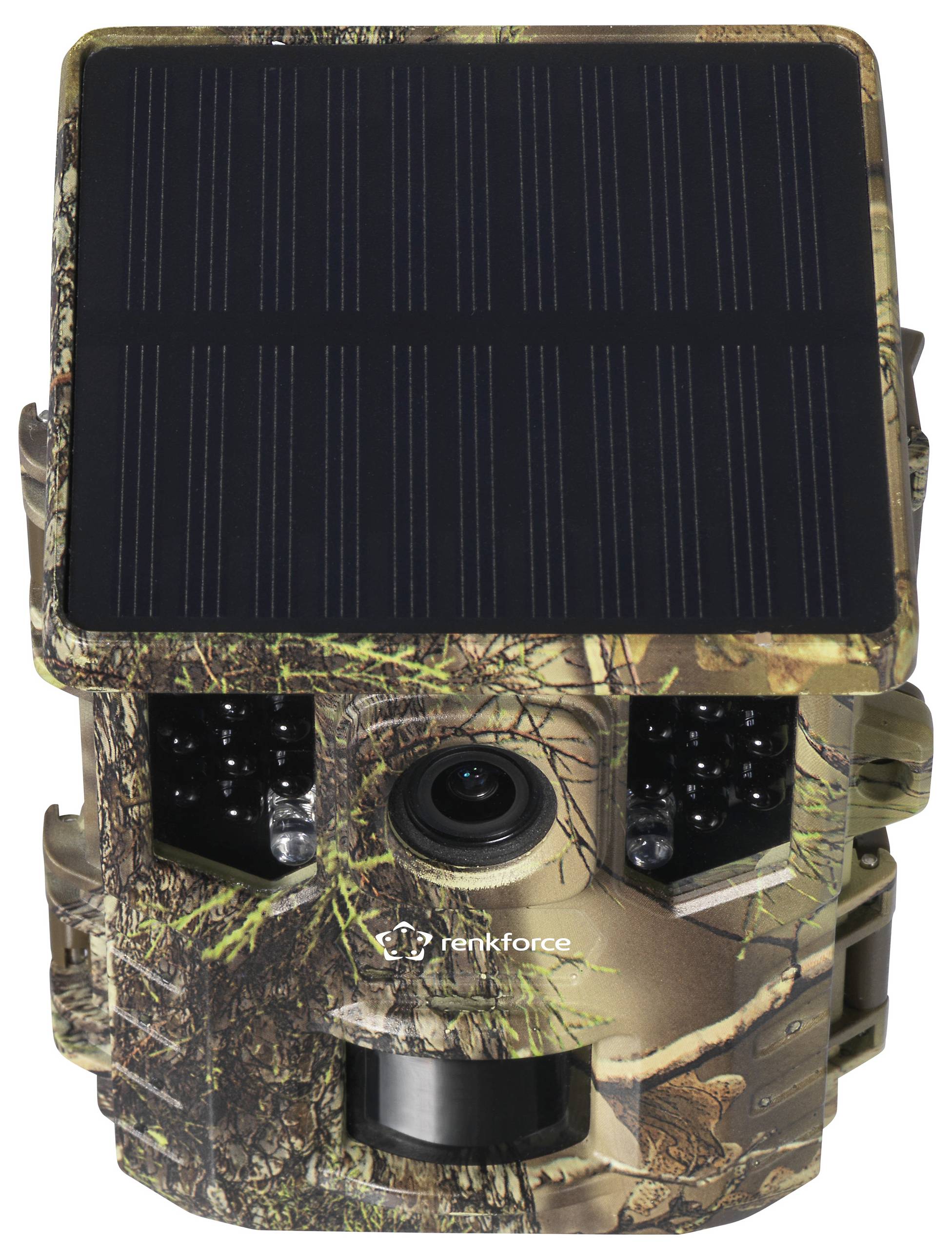 Camera with camouflage pattern and solar panel on the top surface, suitable for wildlife observation or outdoor surveillance.