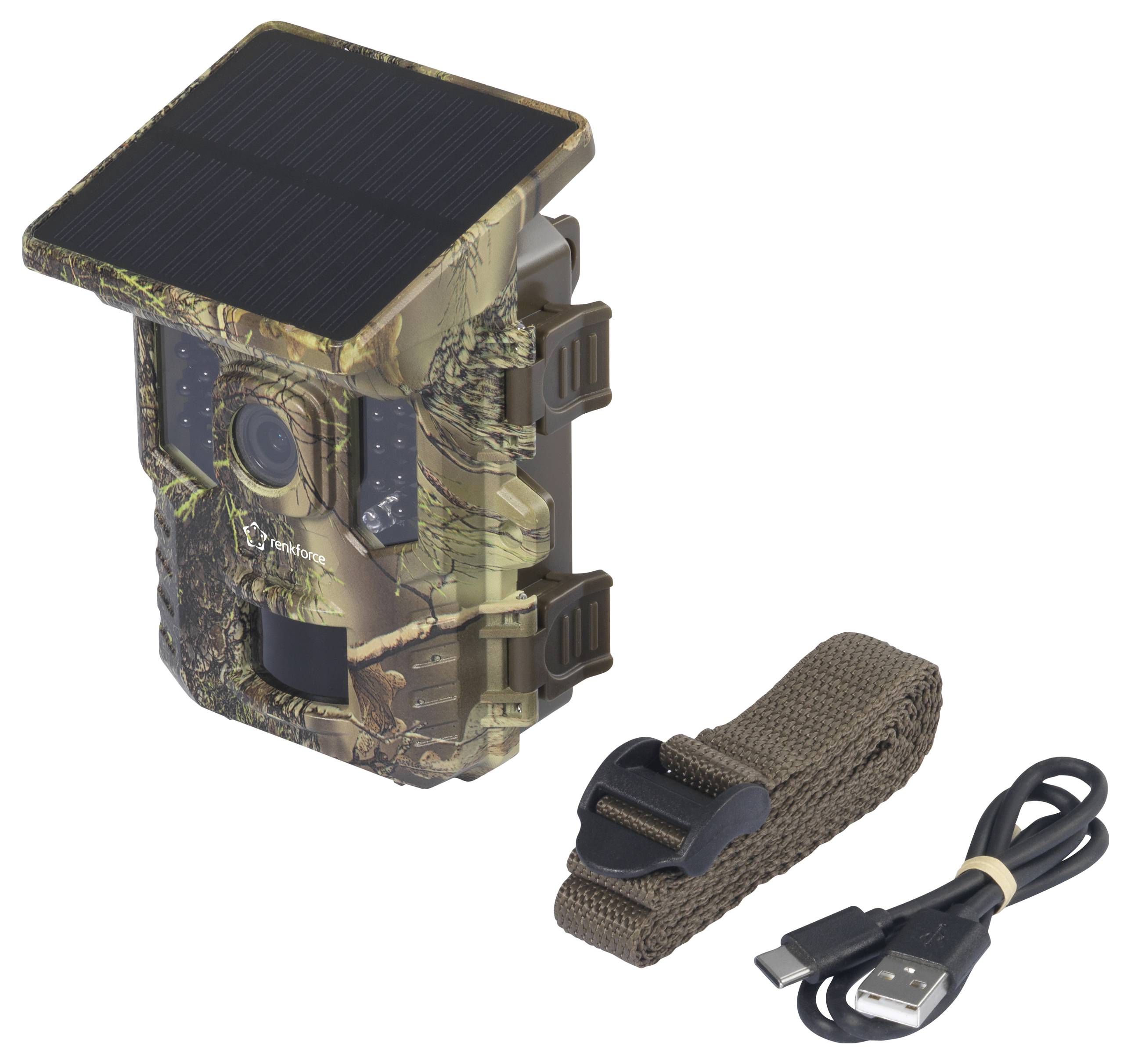 Wildlife camera with camouflage pattern and solar panel on top. Beside it, a brown strap and a USB cable used for installation and connection.