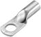 A silver metal cable lug with a round hole at one end and a tubular open end for securing cables.