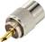 A coaxial adapter with a silver, ribbed surface and a golden connector. Suitable for RF connections.