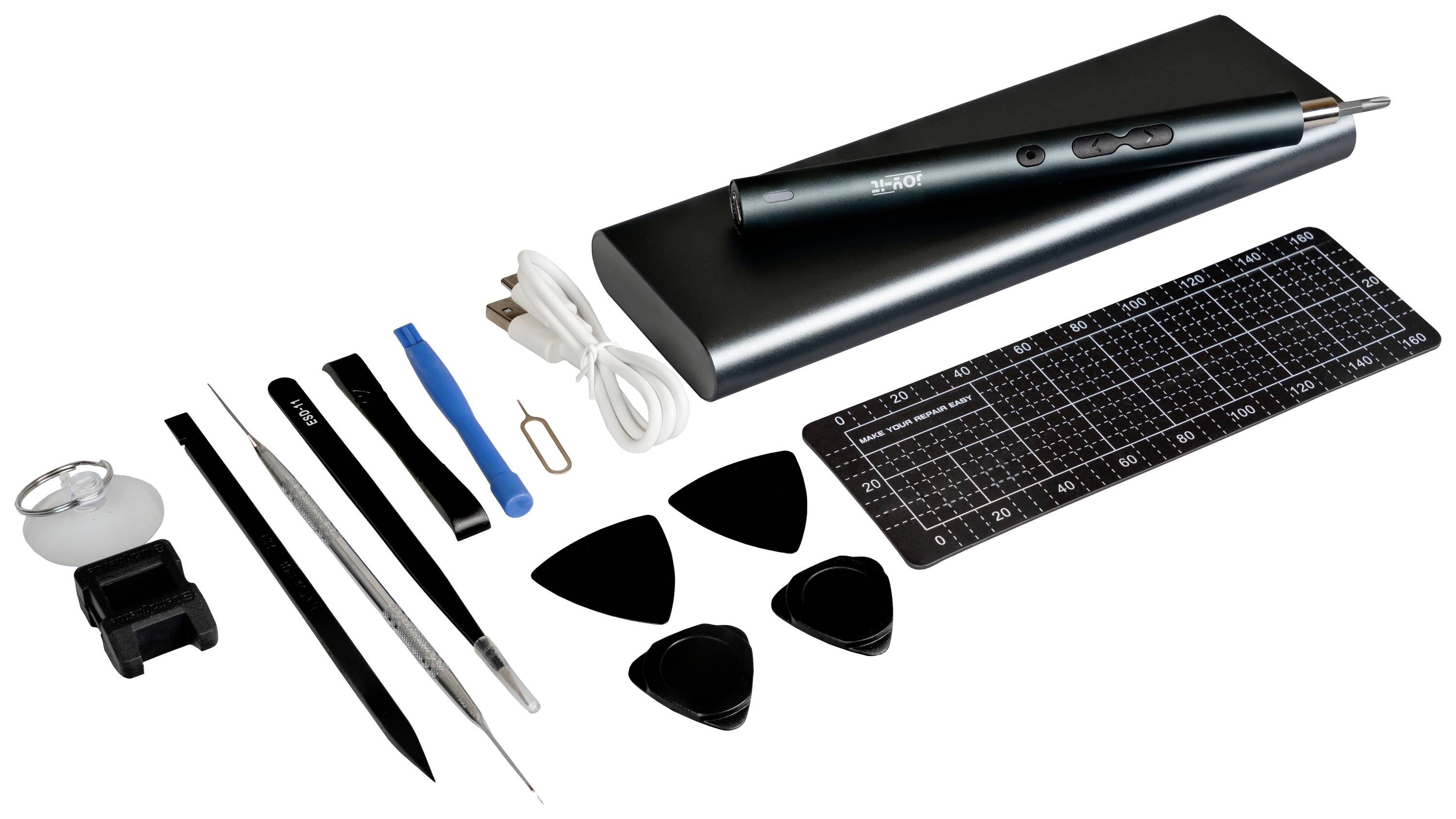 A toolkit for electronic repair, consisting of an electric screwdriver, various attachments and accessories such as tweezers, charging cable and measurement mat.