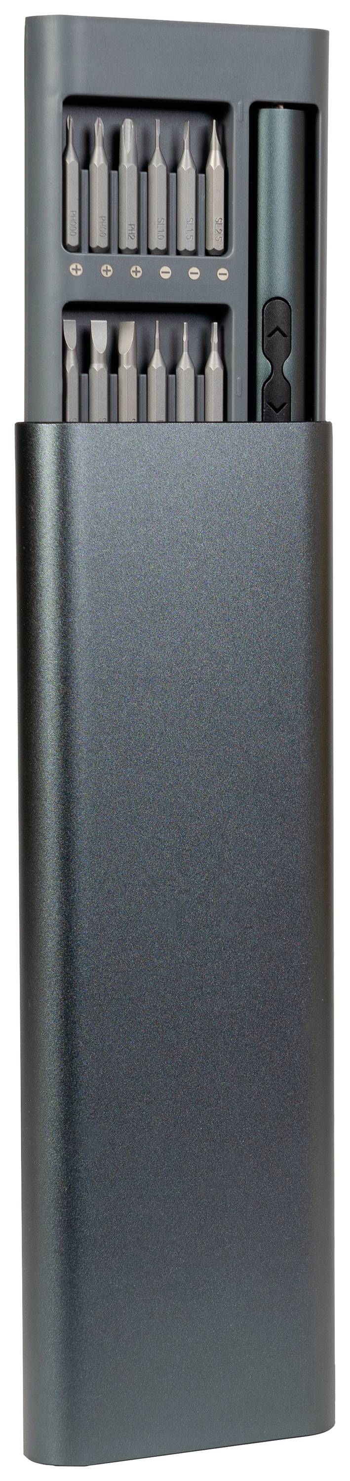 Slim screwdriver set in a metal case with interchangeable bits, perfect for precise repair work.