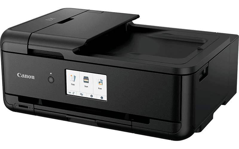 A black printer with a digital display on the front, showing options such as 'Copy', 'Scan', and 'Fax'.