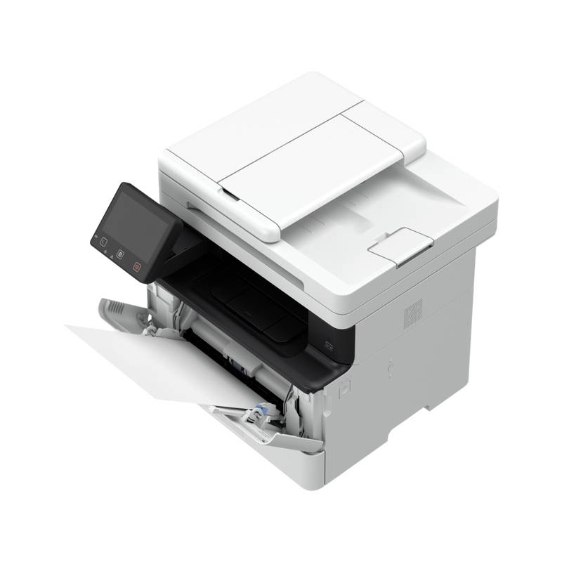 A white multifunction printer with a touchscreen display is printing a sheet of paper. The device has a compact design.