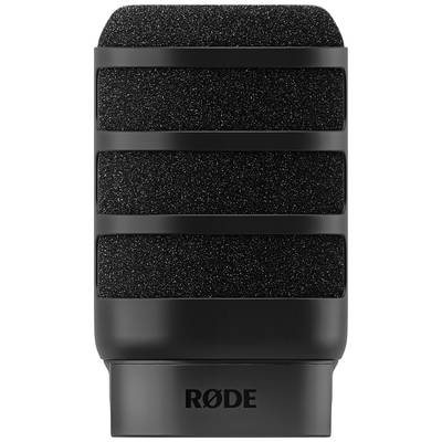Black microphone by RØDE, rectangular in shape with three horizontal grooves and a black foam head.