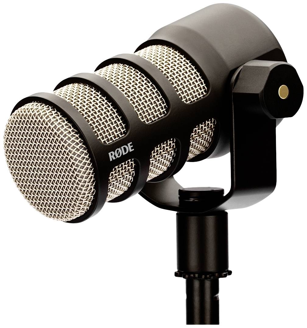 A black, professional microphone with a silver grille, mounted on a stand, suitable for sound recordings.
