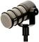 A black, professional microphone with a silver grille, mounted on a stand, suitable for sound recordings.