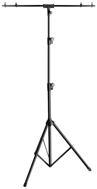 A black three-legged stand with adjustable height, suitable for stage lighting.