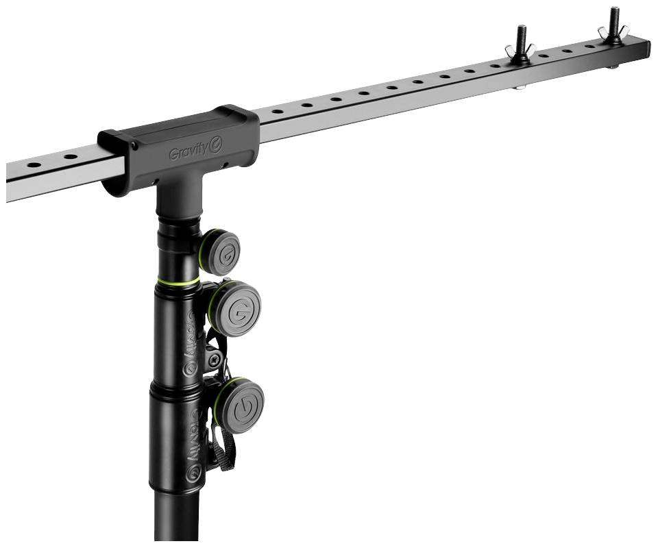An adjustable microphone stand with an elongated suspension and two locking knobs for height adjustment.