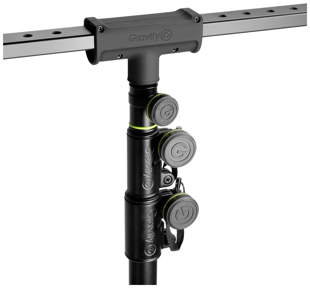 Mounting stand with adjustable crossbar and three fixing buttons, suitable for microphones or lighting rigs.
