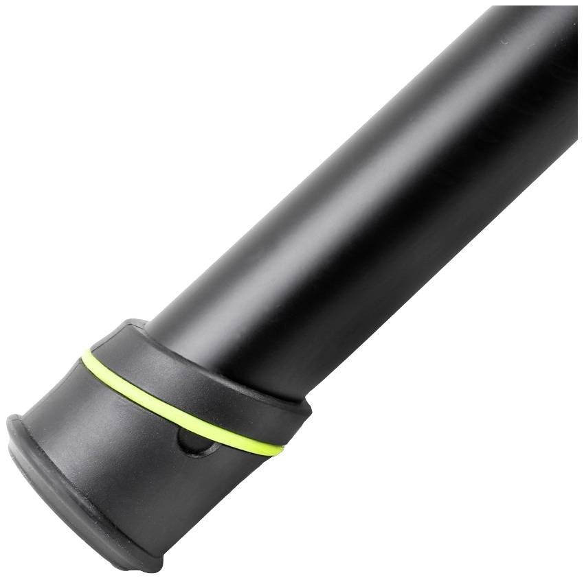 Black metal rod with a green ring and round ends, without a specific context or recognisable purpose.