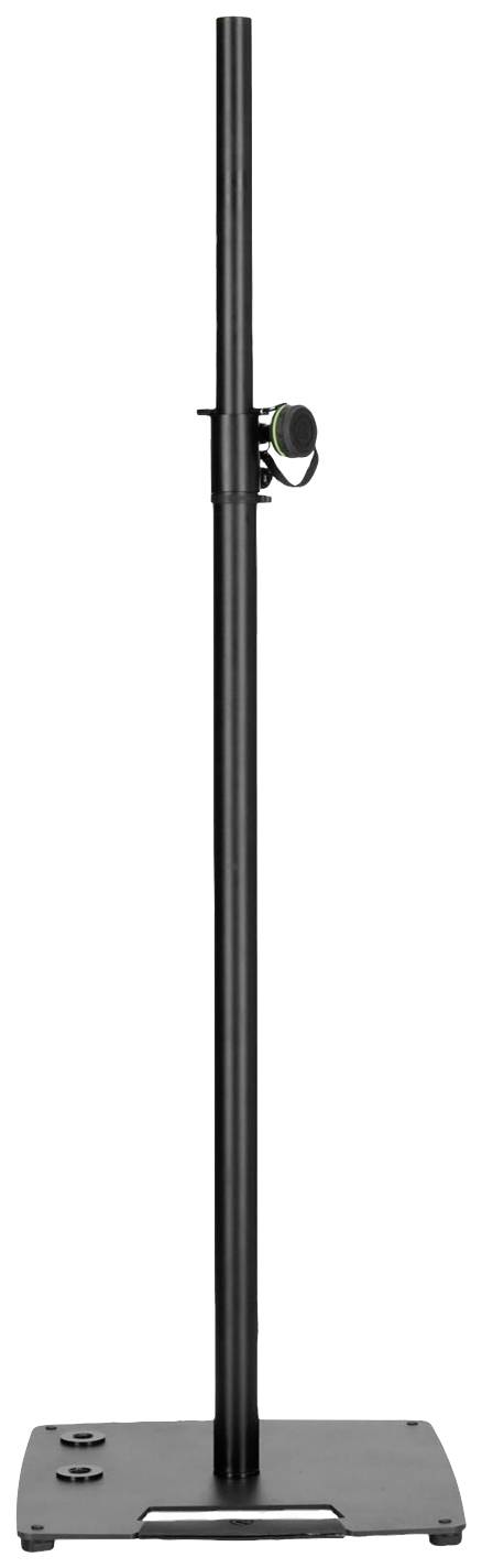 A black, adjustable stand with a round tube and square base, suitable for speakers or lighting, stands upright.