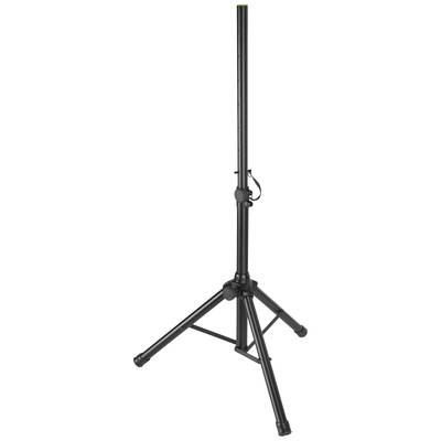 Black, height-adjustable tripod stand with a stable base, suitable for speakers or similar equipment.