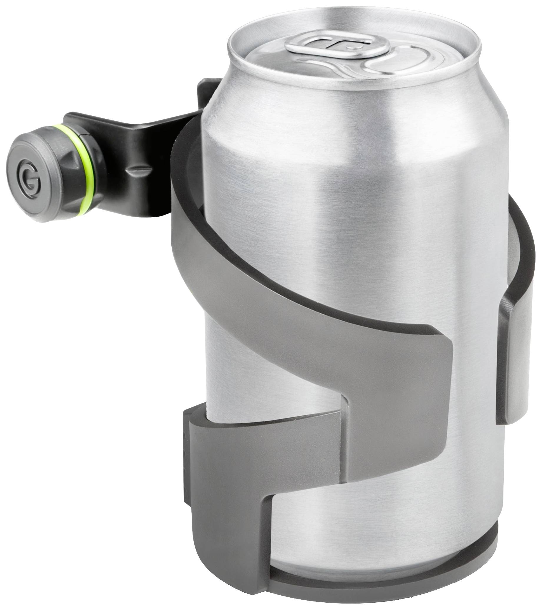 A silver drinks can is secured by a grey, adjustable holder that can be mounted on a surface.