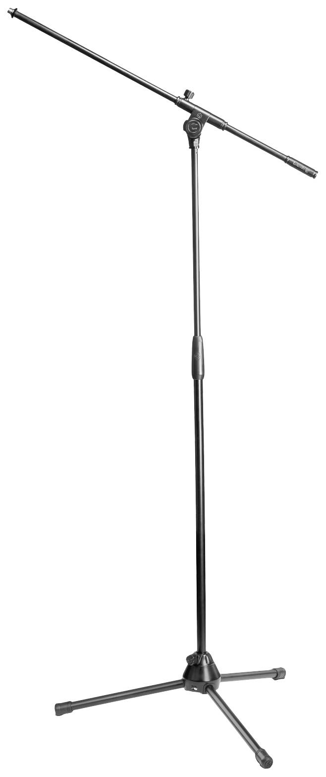 Metal microphone stand with adjustable boom arm, standing on three legs.
