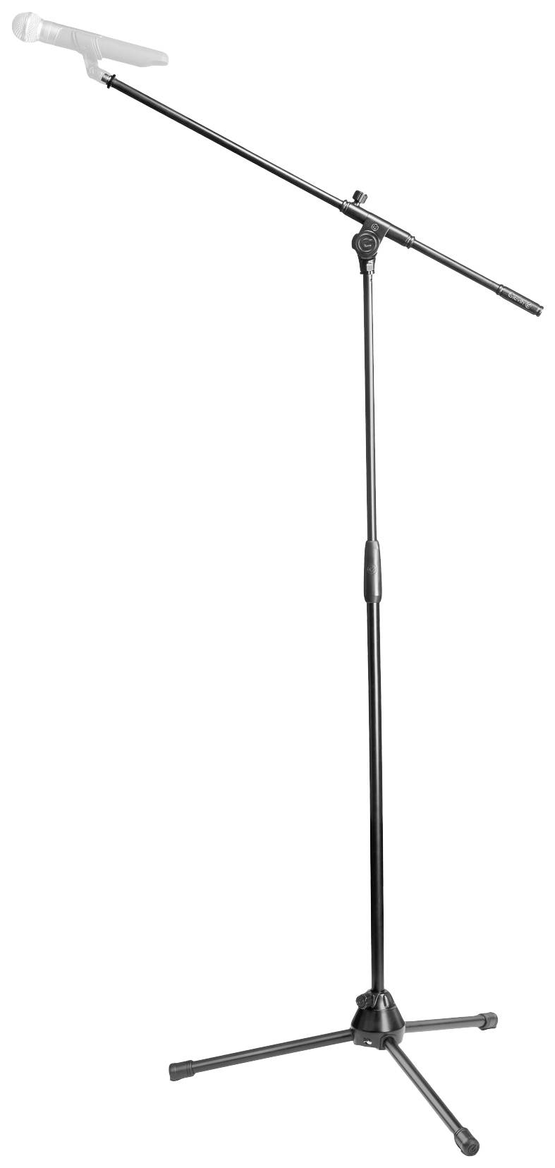 A microphone on an adjustable stand, suitable for vocal or speech recordings. The stand has three legs for stability.
