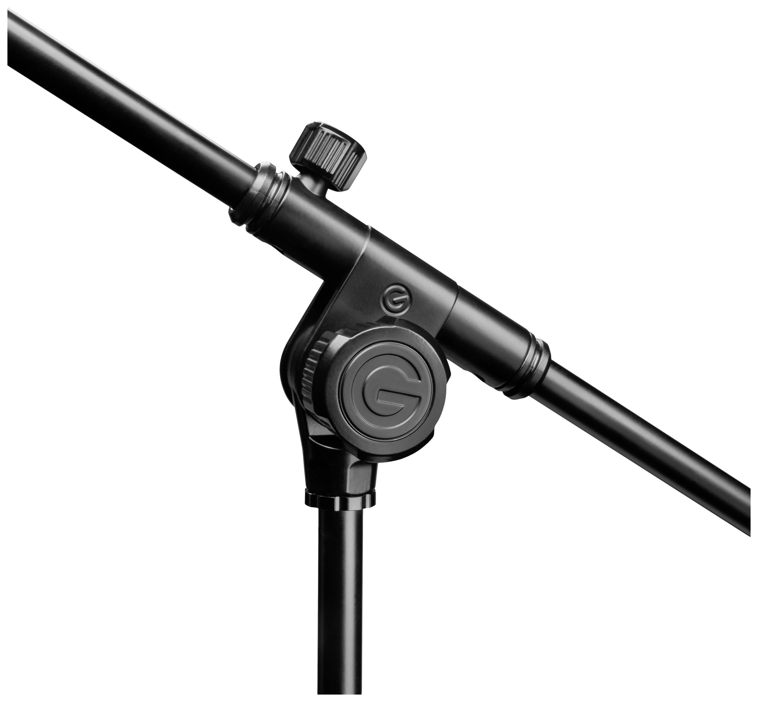 Black adjustable microphone stand with an adjustment dial and an articulated arm, suitable for stage and studio applications.